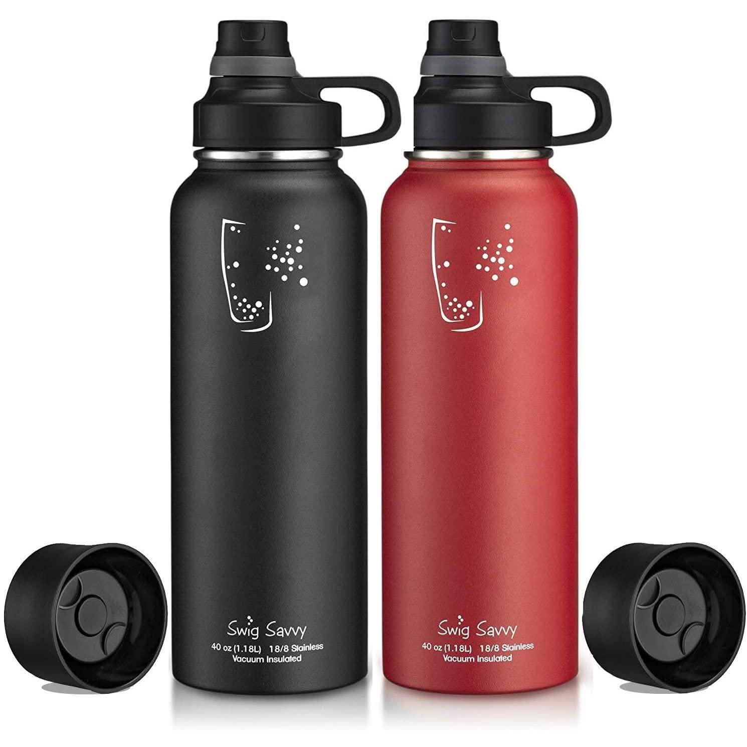 2-Pack: Stainless Steel Wide Mouth Insulated Water Bottle with Interchangeable Caps Bags & Travel Black/Red - DailySale