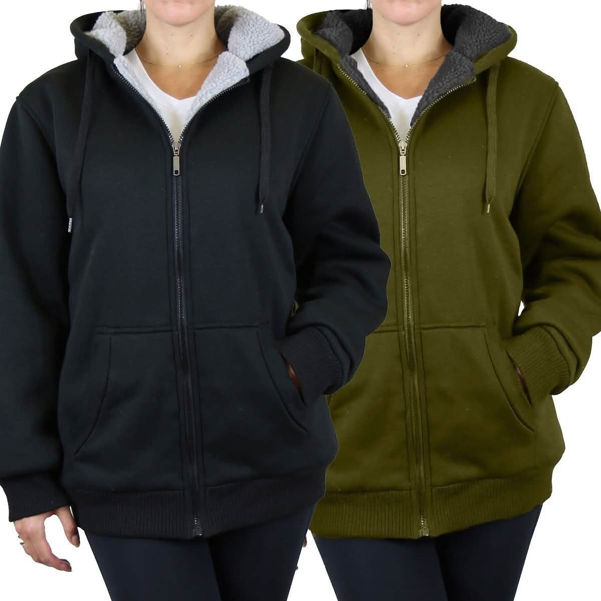 2-Pack: Women's Heavyweight Loose-Fit Sherpa Fleece-Lined Zip Hoodie Women's Apparel M Black/Olive - DailySale