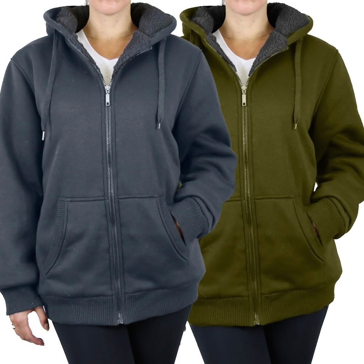 2-Pack: Women's Heavyweight Loose-Fit Sherpa Fleece-Lined Zip Hoodie Women's Apparel M Charcoal/Olive - DailySale