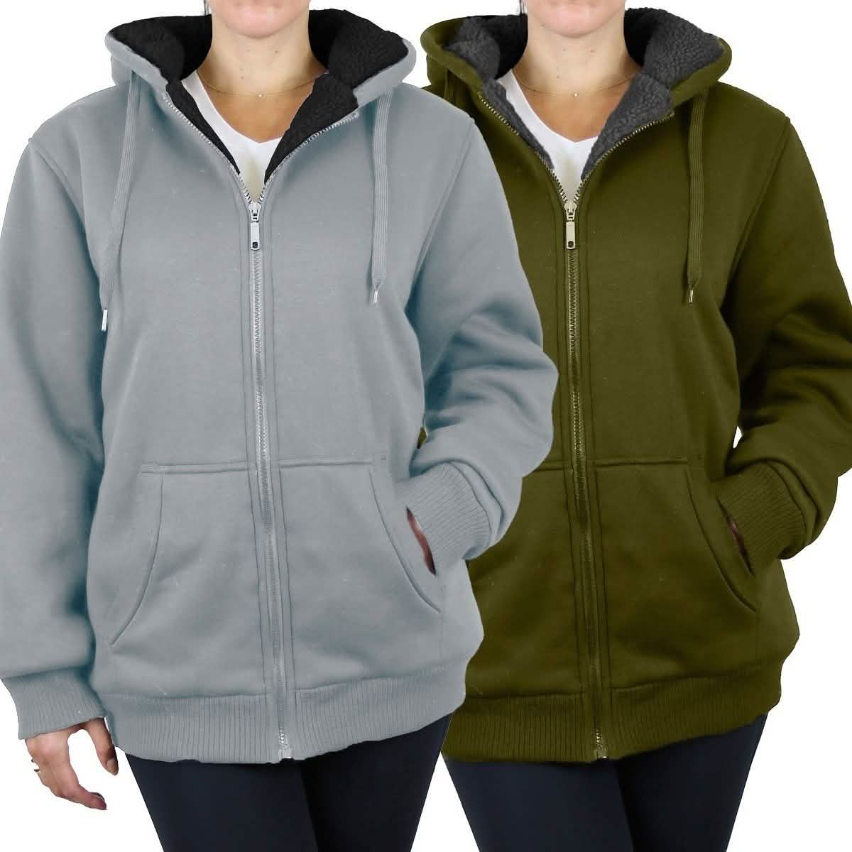 2-Pack: Women's Heavyweight Loose-Fit Sherpa Fleece-Lined Zip Hoodie Women's Apparel M Gray/Olive - DailySale
