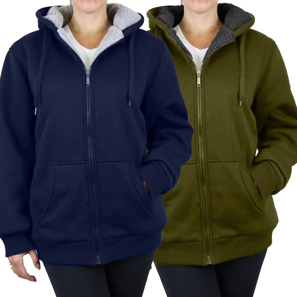 2-Pack: Women's Heavyweight Loose-Fit Sherpa Fleece-Lined Zip Hoodie Women's Apparel M Navy/Olive - DailySale