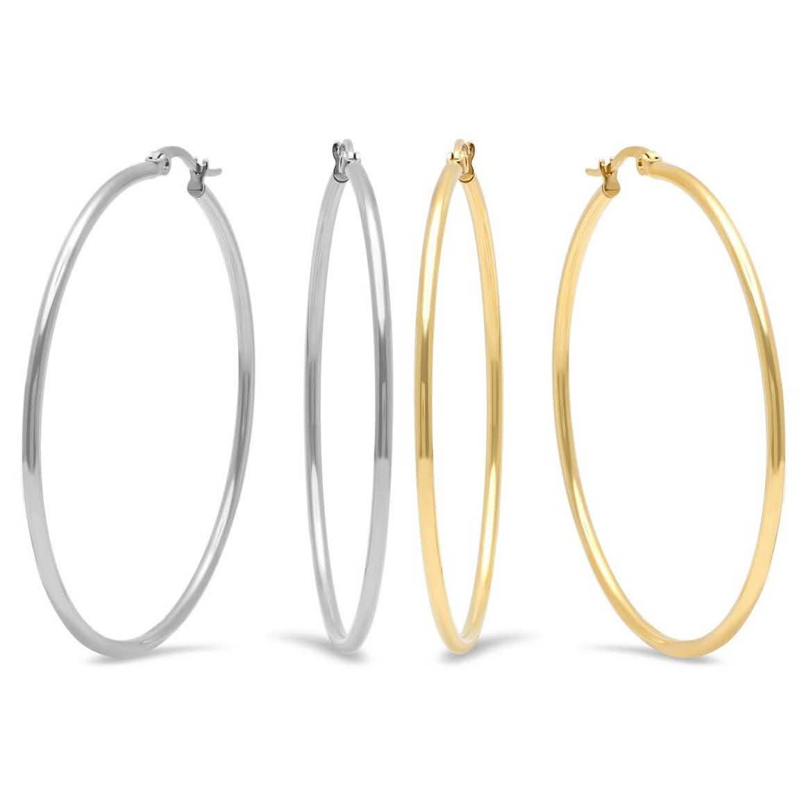 2-Pairs: Stainless Steel 50mm Hoop Earring Set Jewelry Silver/Gold - DailySale