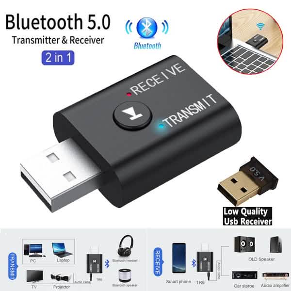 2-Piece: 2-in-1 USB Wireless Bluetooth Adapter 5.0 Transmitter Headphones & Audio - DailySale