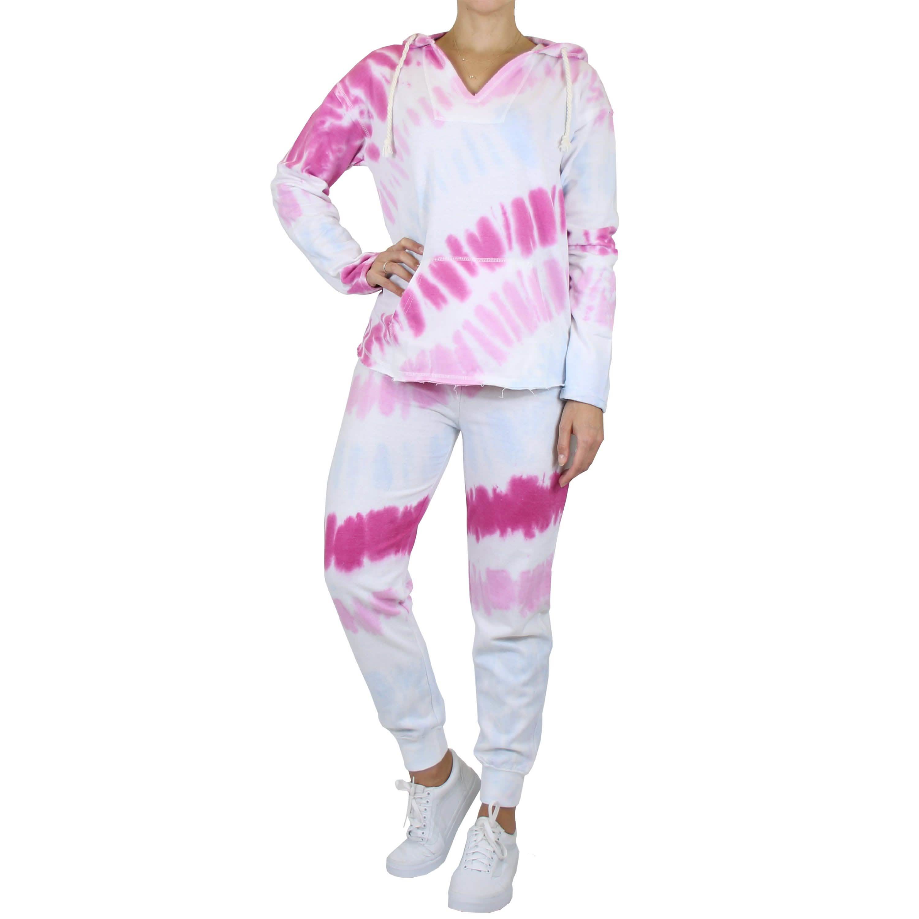 2-Piece Burnout Fleece Hoodie & Jogger Tie-Dye Set Women's Clothing Raspberry Fusion S - DailySale