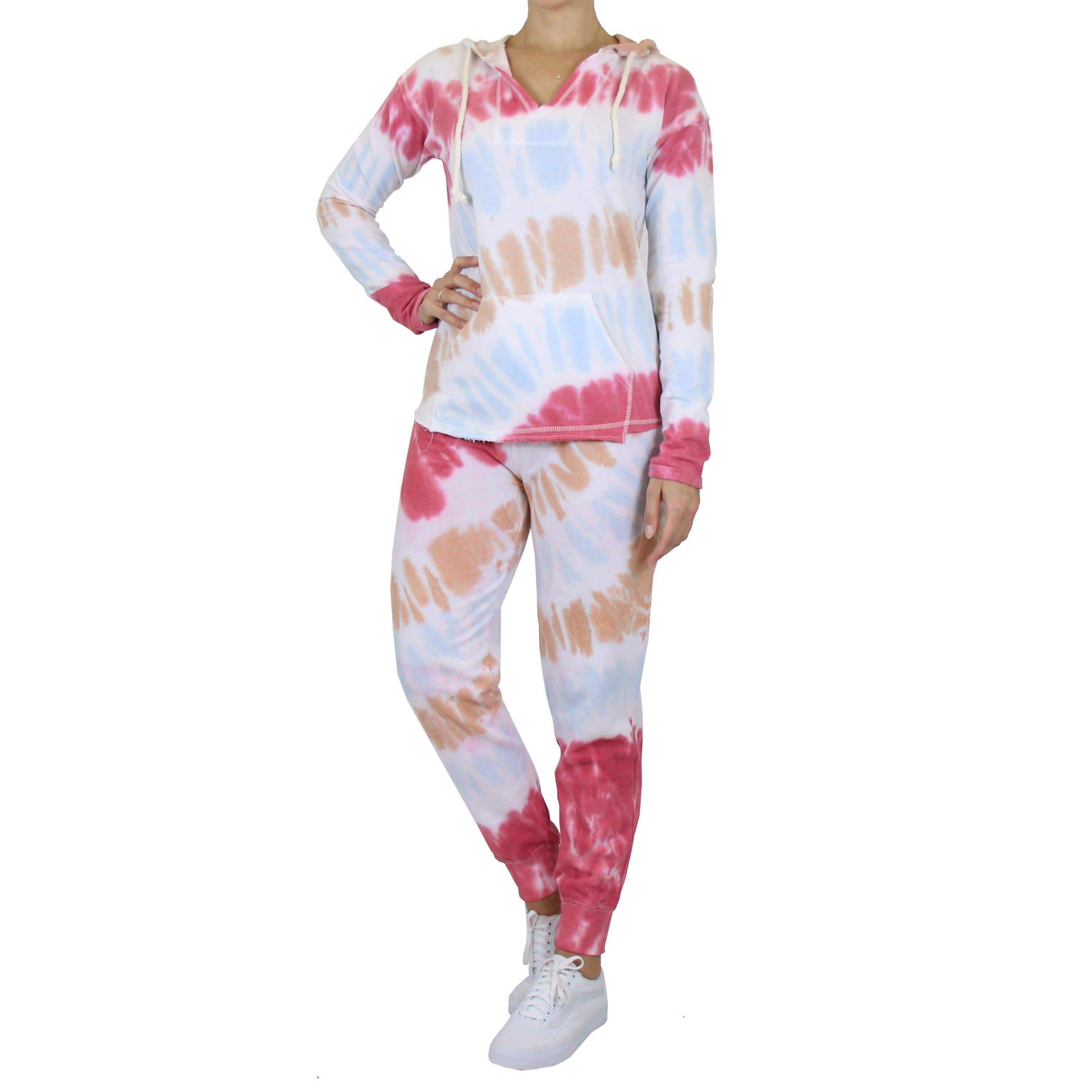 2-Piece Burnout Fleece Hoodie & Jogger Tie-Dye Set Women's Clothing Rose Mauve S - DailySale