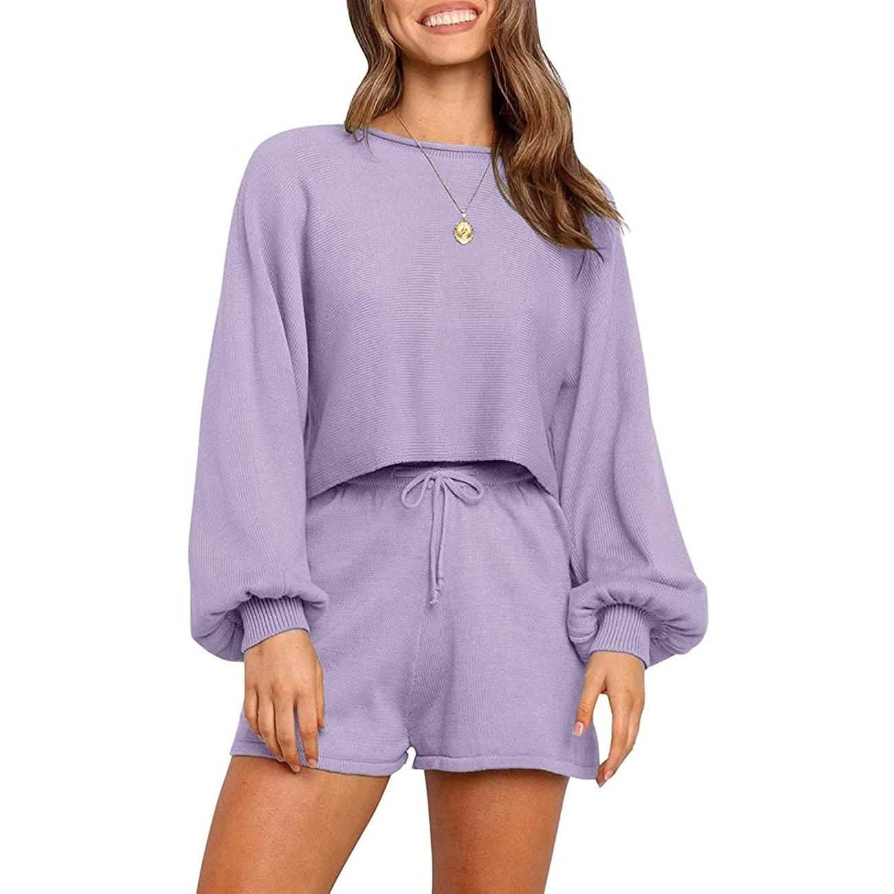 2-Piece: Knit Outfits Puff Sleeve Crop Top Shorts Set Sweater Sweatsui