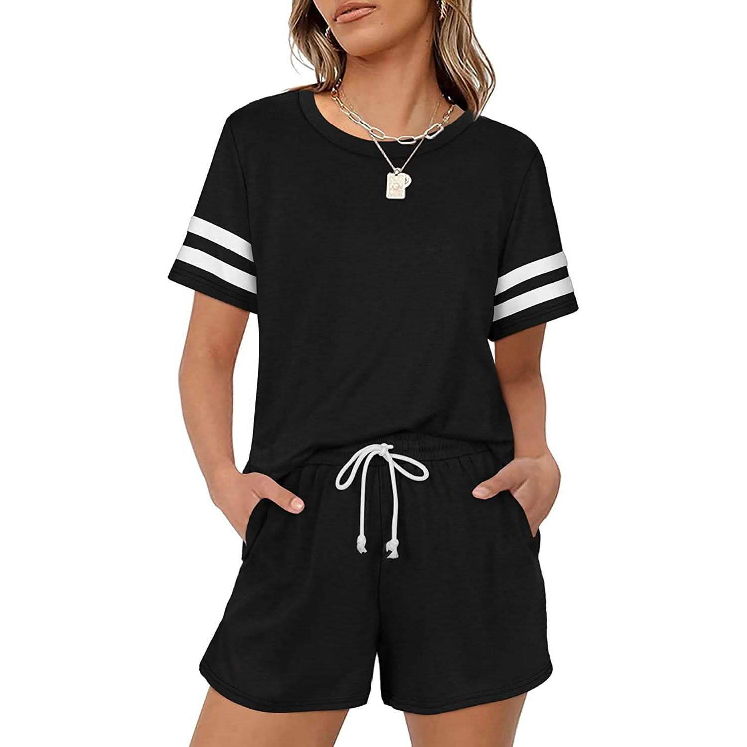 2-Piece: Loungewear for Women Short Sleeve Sweatsuit Sets Crewneck Loose Fit Outfits Women's Clothing Black S - DailySale