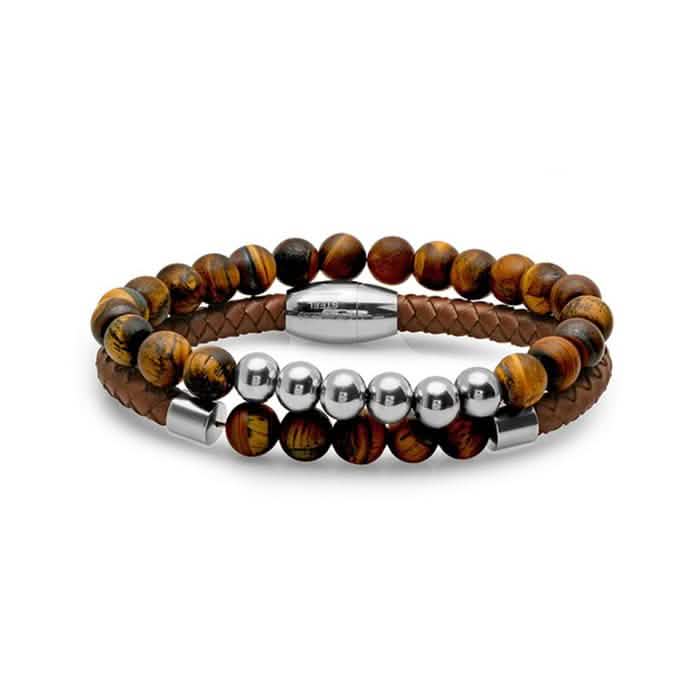 2-Piece: Men's Leather Braided Bracelet Beaded with Tiger Eye Bracelets Type 1 - DailySale
