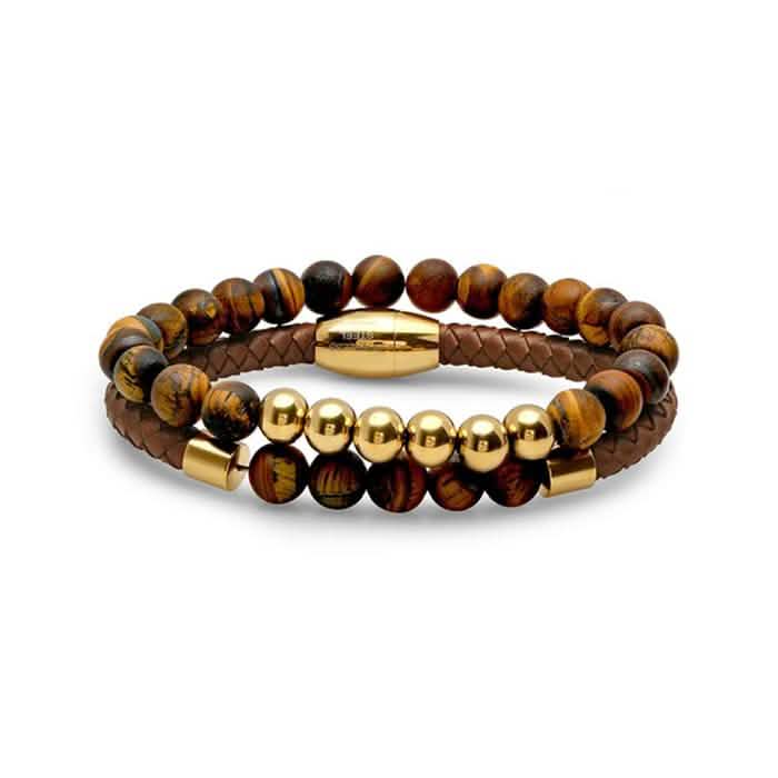 2-Piece: Men's Leather Braided Bracelet Beaded with Tiger Eye Bracelets Type 2 - DailySale