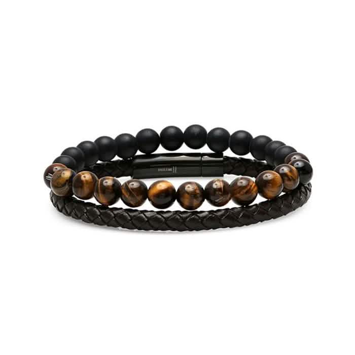 2-Piece: Men's Leather Braided Bracelet Beaded with Tiger Eye Bracelets Type 3 - DailySale