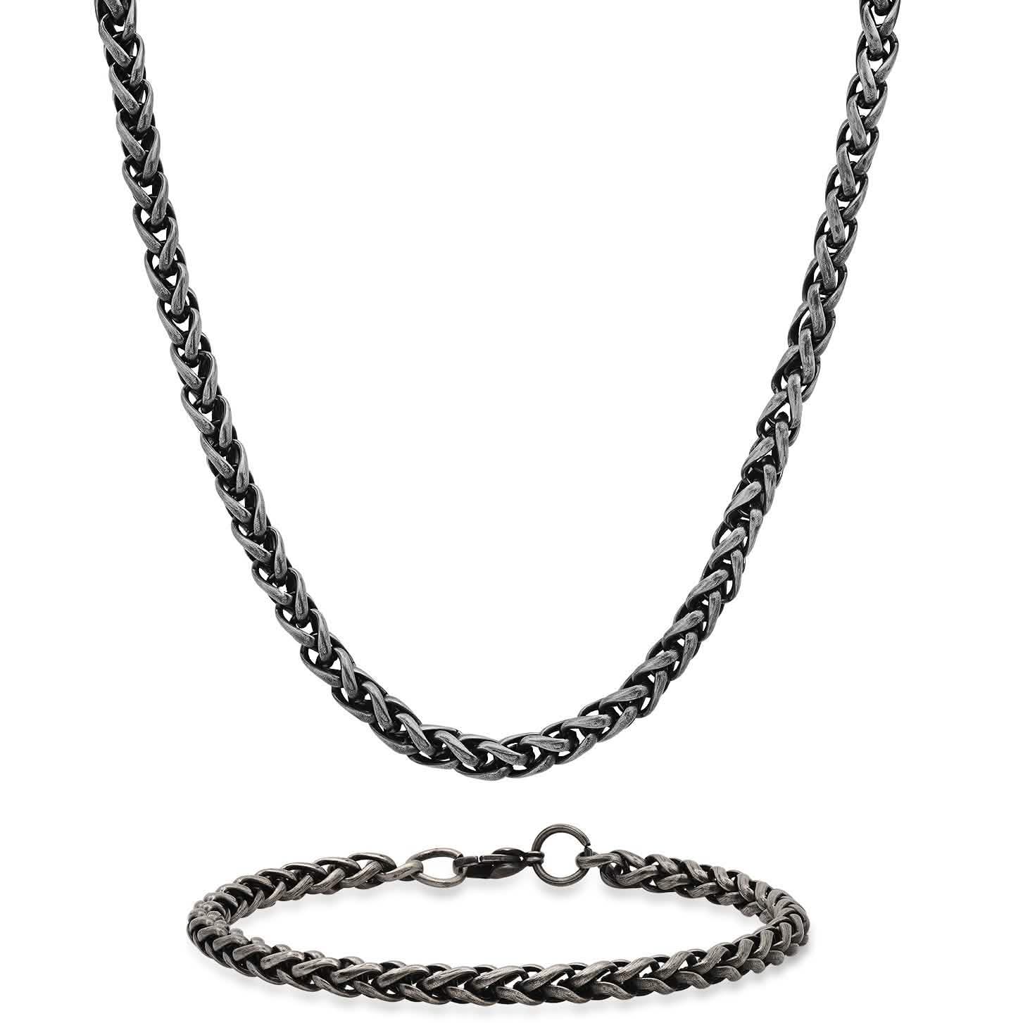 2-Piece: Men's Oxidized Stainless Steel Wheat Chain Necklace and Bracelet Set Men's Accessories - DailySale