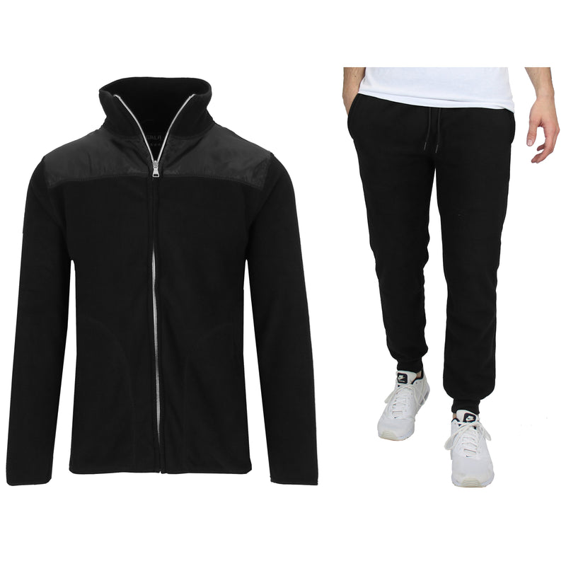 2-Piece Men's Polar Fleece Sweater Jacket & Jogger Sweatpants Set shown in black, with man modelling sweatpants