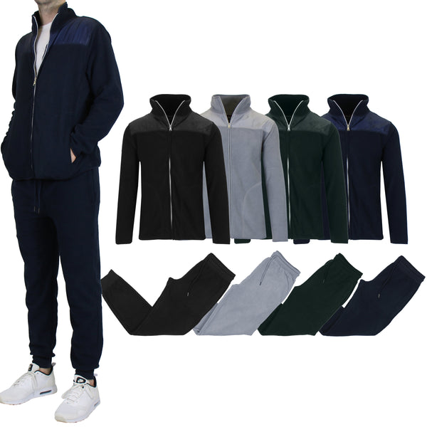 Man modelling a 2-Piece Men's Polar Fleece Sweater Jacket & Jogger Sweatpants Set, with four sets with different colors in the background