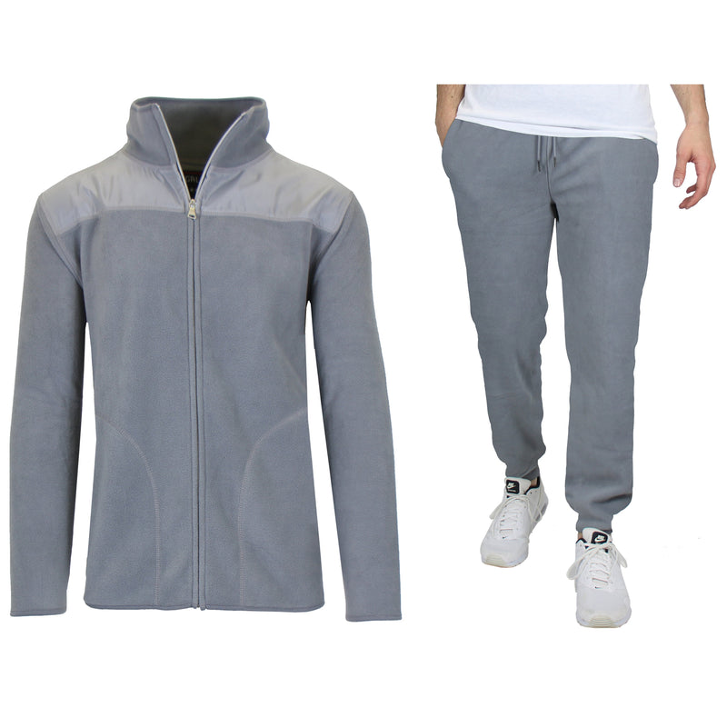 2-Piece Men's Polar Fleece Sweater Jacket & Jogger Sweatpants Set shown in gray, with man modelling sweatpants