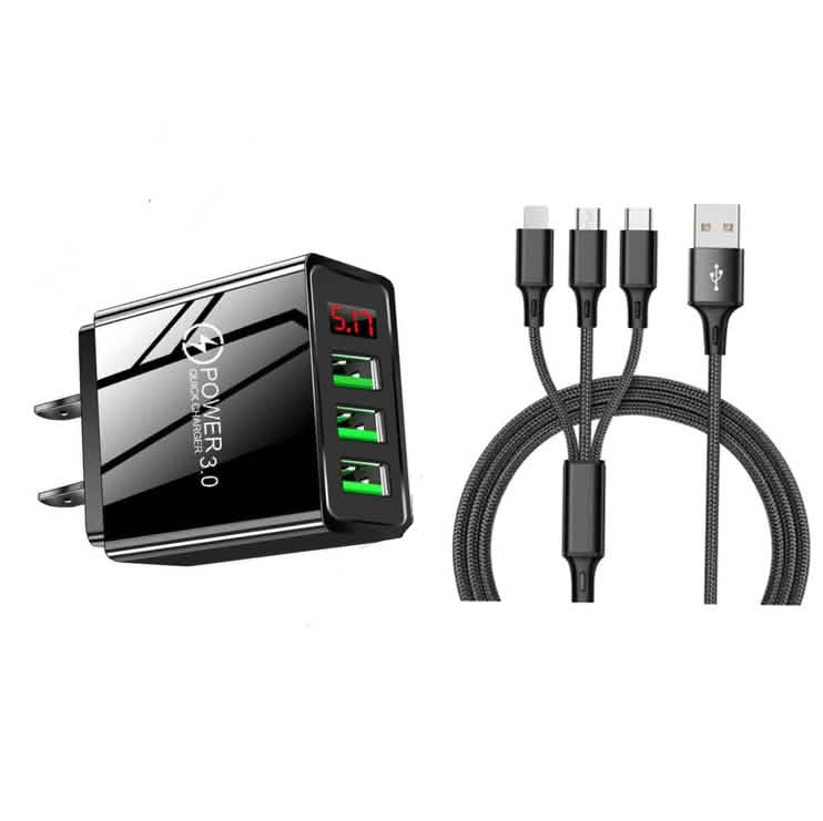 2-Piece Set: 3-Port LED Display High Speed Wall Charger Black + 3-in-1 Cable Mobile Accessories Black - DailySale