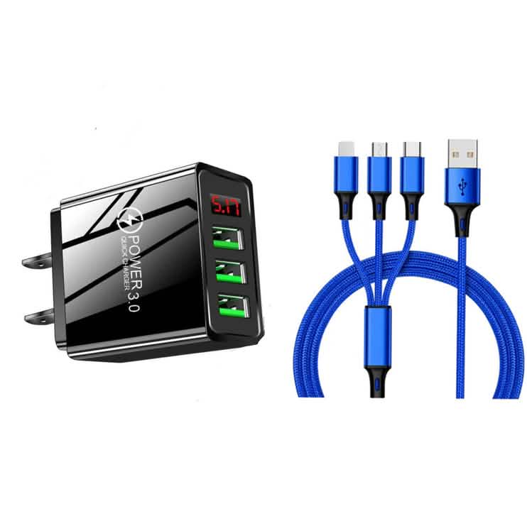 2-Piece Set: 3-Port LED Display High Speed Wall Charger Black + 3-in-1 Cable Mobile Accessories Blue - DailySale