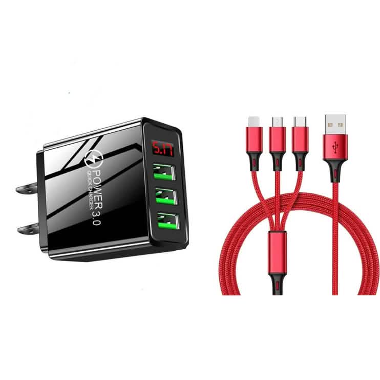 2-Piece Set: 3-Port LED Display High Speed Wall Charger Black + 3-in-1 Cable Mobile Accessories Red - DailySale