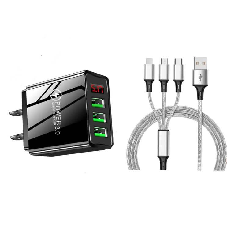 2-Piece Set: 3-Port LED Display High Speed Wall Charger Black + 3-in-1 Cable Mobile Accessories Silver - DailySale