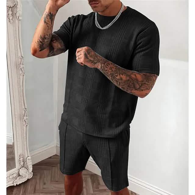 2-Piece Set: Crew Neck Striped Athleisure Short Sleeve Men's Tops Black S - DailySale