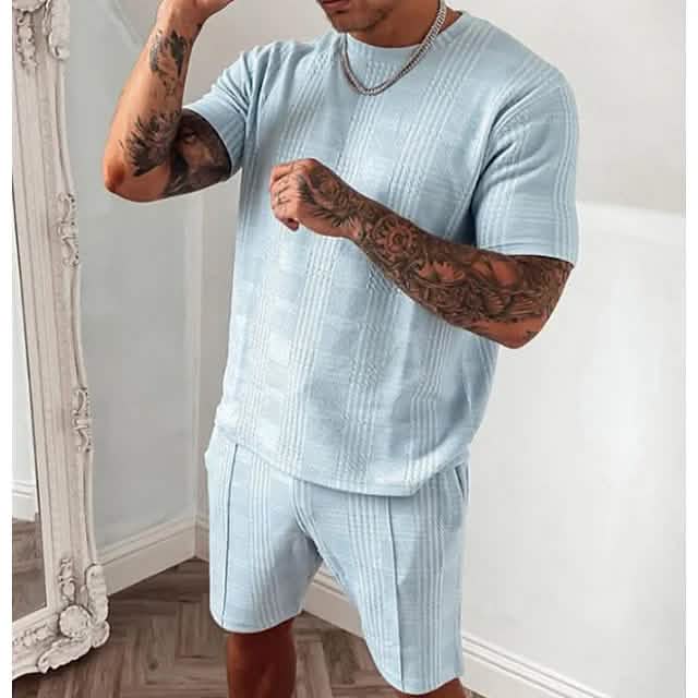 2-Piece Set: Crew Neck Striped Athleisure Short Sleeve Men's Tops Blue S - DailySale
