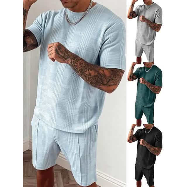 2-Piece Set: Crew Neck Striped Athleisure Short Sleeve Men's Tops - DailySale