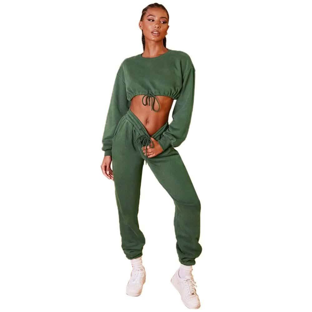 2-Piece Set: Drawstring Short Top Hooded Tops Sweatshirt Pants Set Women's Clothing Army Green S - DailySale
