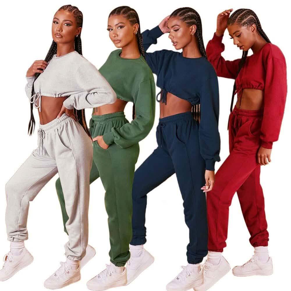 2-Piece Set: Drawstring Short Top Hooded Tops Sweatshirt Pants Set Women's Clothing - DailySale