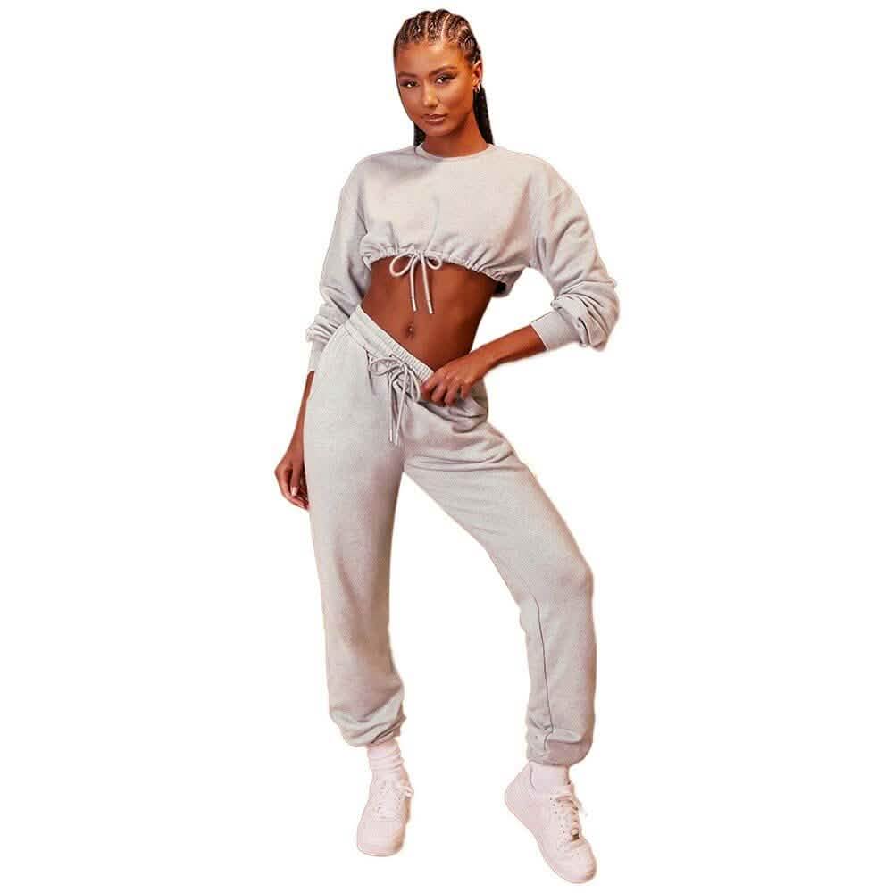2-Piece Set: Drawstring Short Top Hooded Tops Sweatshirt Pants Set Women's Clothing Gray S - DailySale