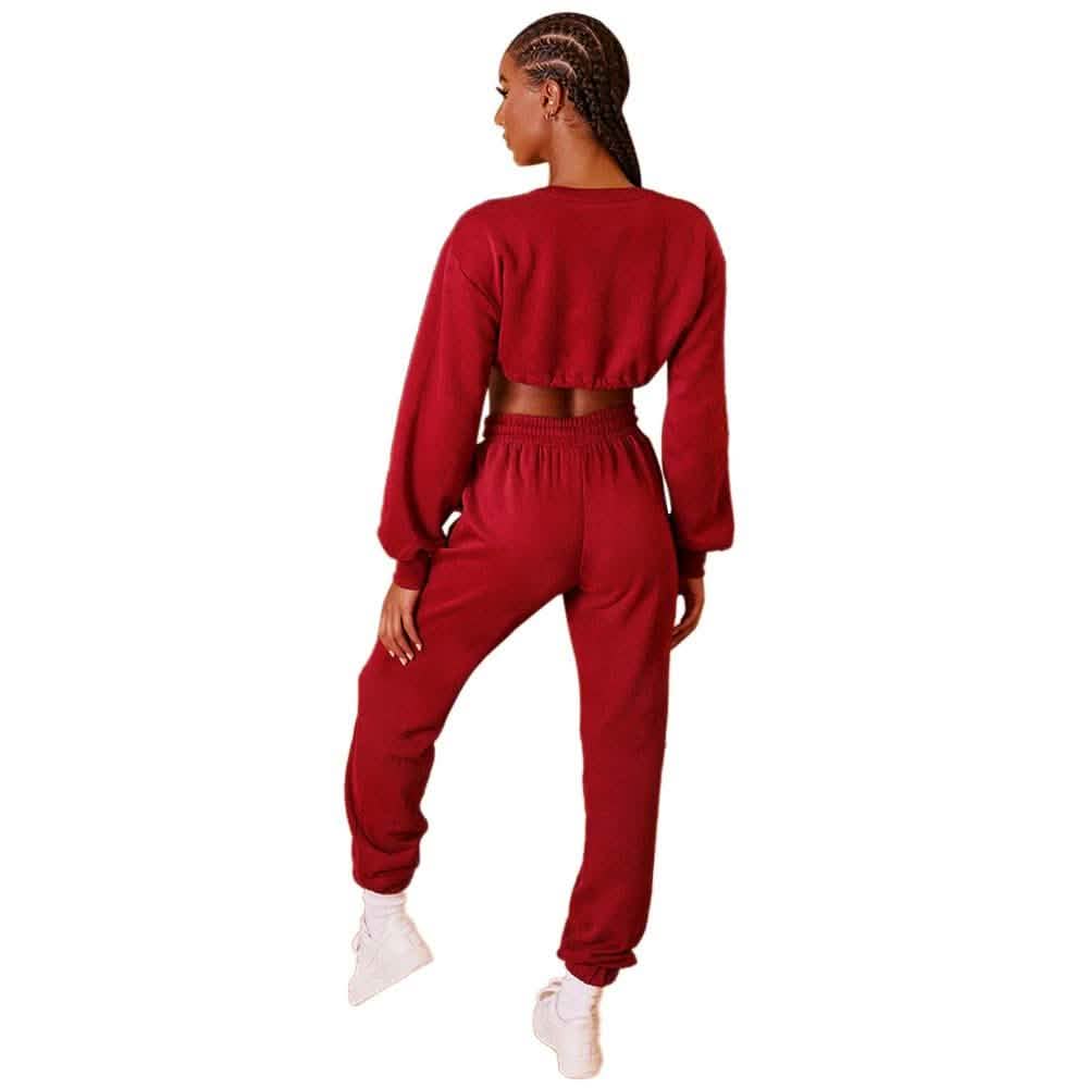 2-Piece Set: Drawstring Short Top Hooded Tops Sweatshirt Pants Set Women's Clothing Red S - DailySale