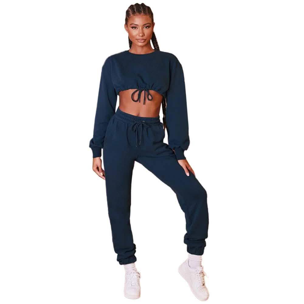 2-Piece Set: Drawstring Short Top Hooded Tops Sweatshirt Pants Set Women's Clothing Royal Blue S - DailySale
