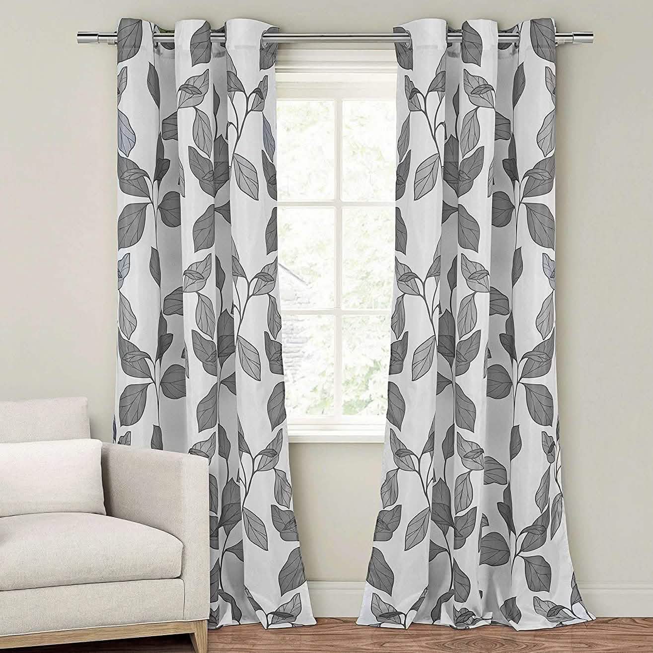2-Piece Set: Floral Leaves Blackout Grommet Window Curtain Pair Panel Furniture & Decor Gray - DailySale