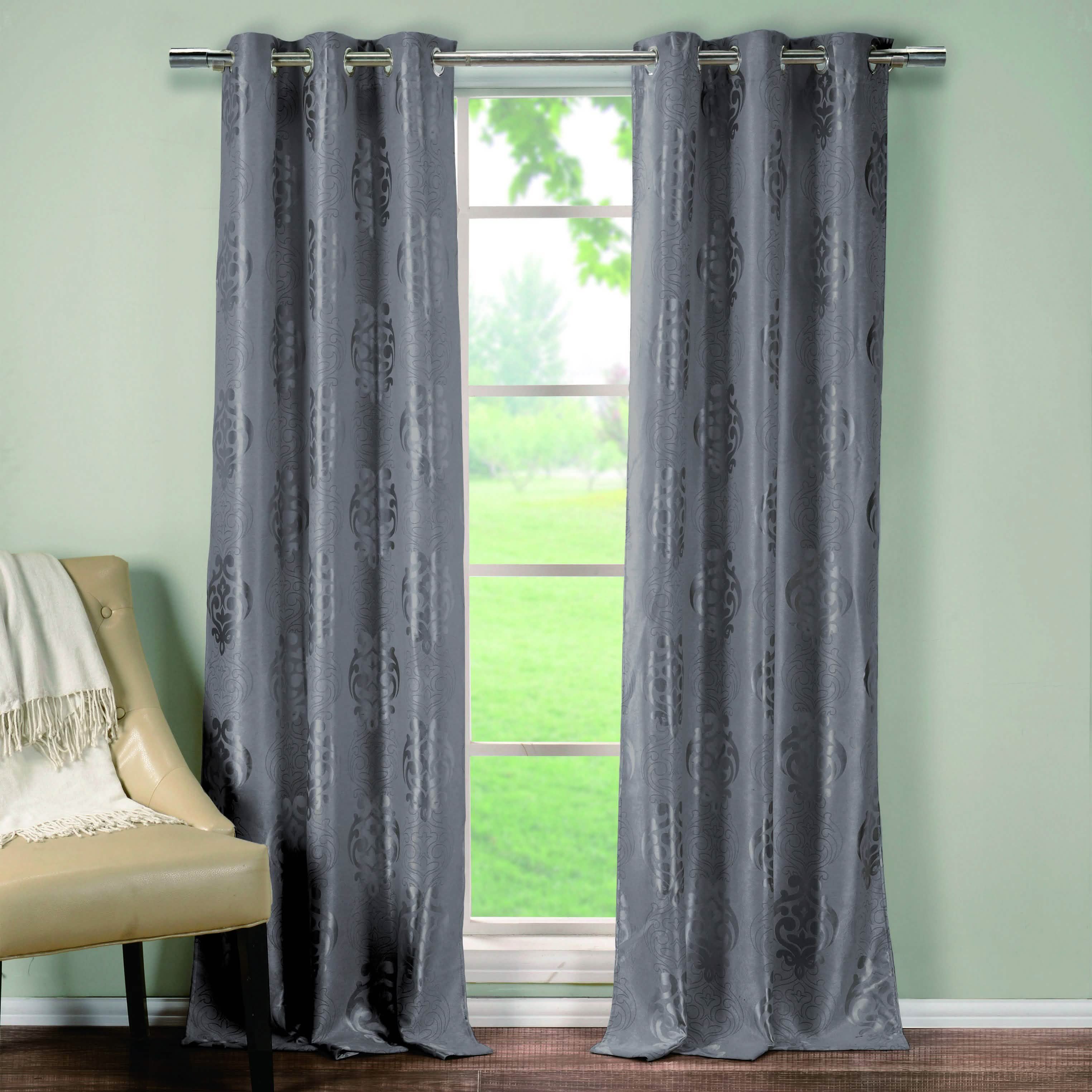 2-Piece Set: Heavy Medallion Print Insulated Blackout Grommet Window Curtain Set Furniture & Decor Gray - DailySale