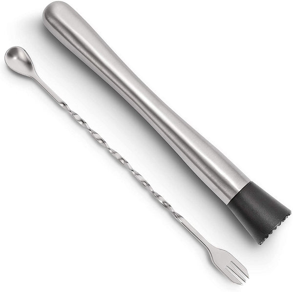 2-Piece Set: Hiware 10 Inch Stainless Steel Cocktail Muddler and Mixing Spoon Home Bar Tool Set Kitchen & Dining - DailySale