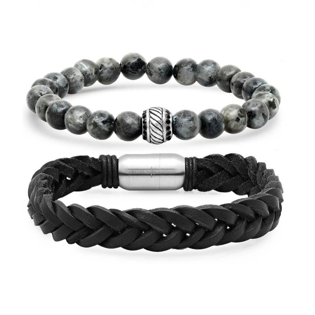 2-Piece Set: Men's Black Leather/Stainless Steel and Gray Agate Bracelets Bracelets - DailySale