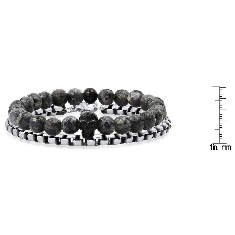 2-Piece Set: Men's Gray Agate and Black IP Stainless Steel Skull Beaded and Box Link Bracelet Men's Accessories - DailySale