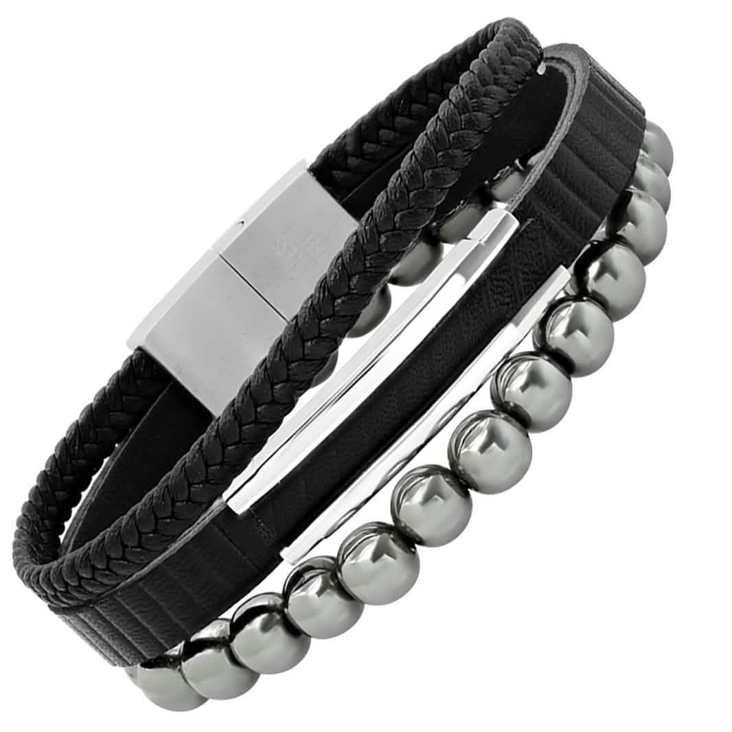 2-Piece Set: Men's Layered Black Leather, Stainless Steel and Hematite Beads Bracelet Bracelets - DailySale