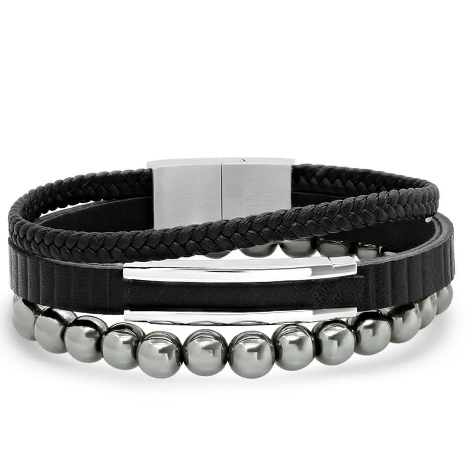 2-Piece Set: Men's Layered Black Leather, Stainless Steel and Hematite Beads Bracelet Bracelets - DailySale