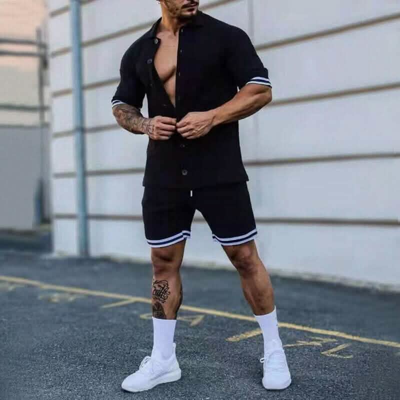 2-Piece Set: Men's Short Sleeve Plain Stripes Lapel Men's Tops Black S - DailySale