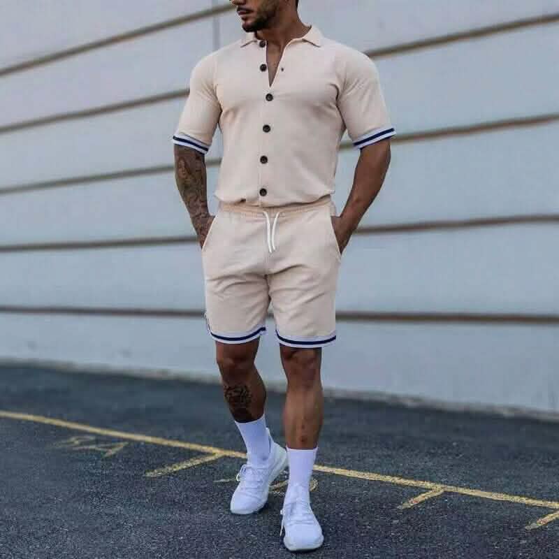 2-Piece Set: Men's Short Sleeve Plain Stripes Lapel Men's Tops Khaki S - DailySale