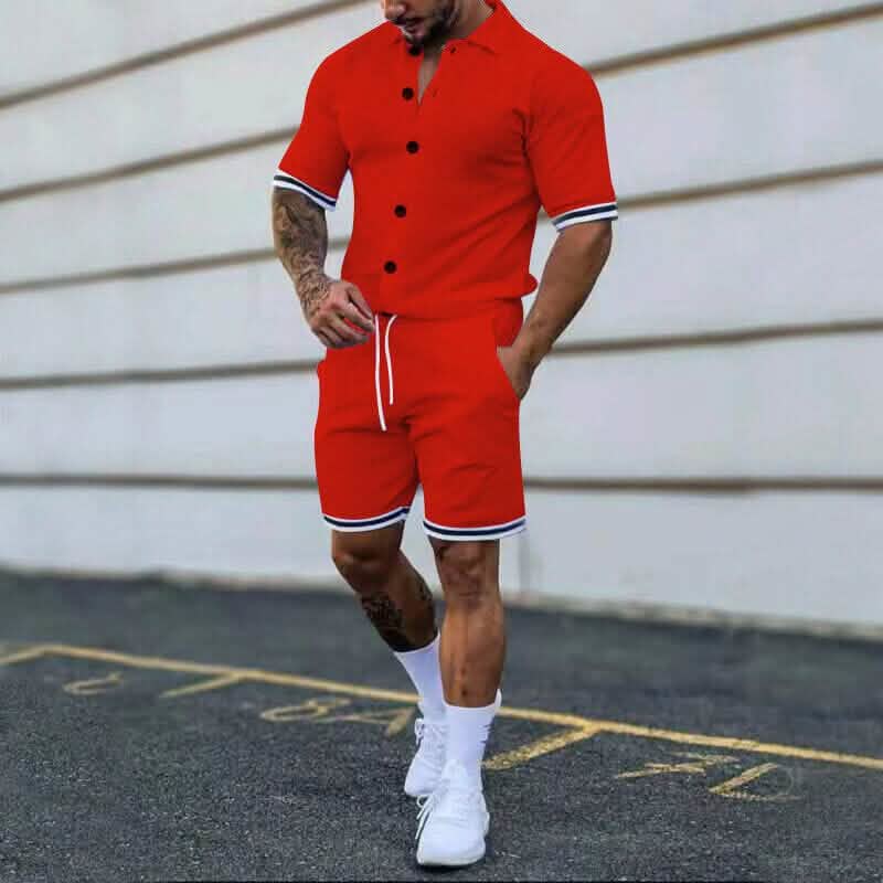 2-Piece Set: Men's Short Sleeve Plain Stripes Lapel Men's Tops Red S - DailySale