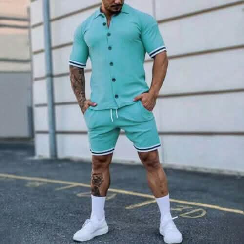 2-Piece Set: Men's Short Sleeve Plain Stripes Lapel Men's Tops Sky Blue S - DailySale