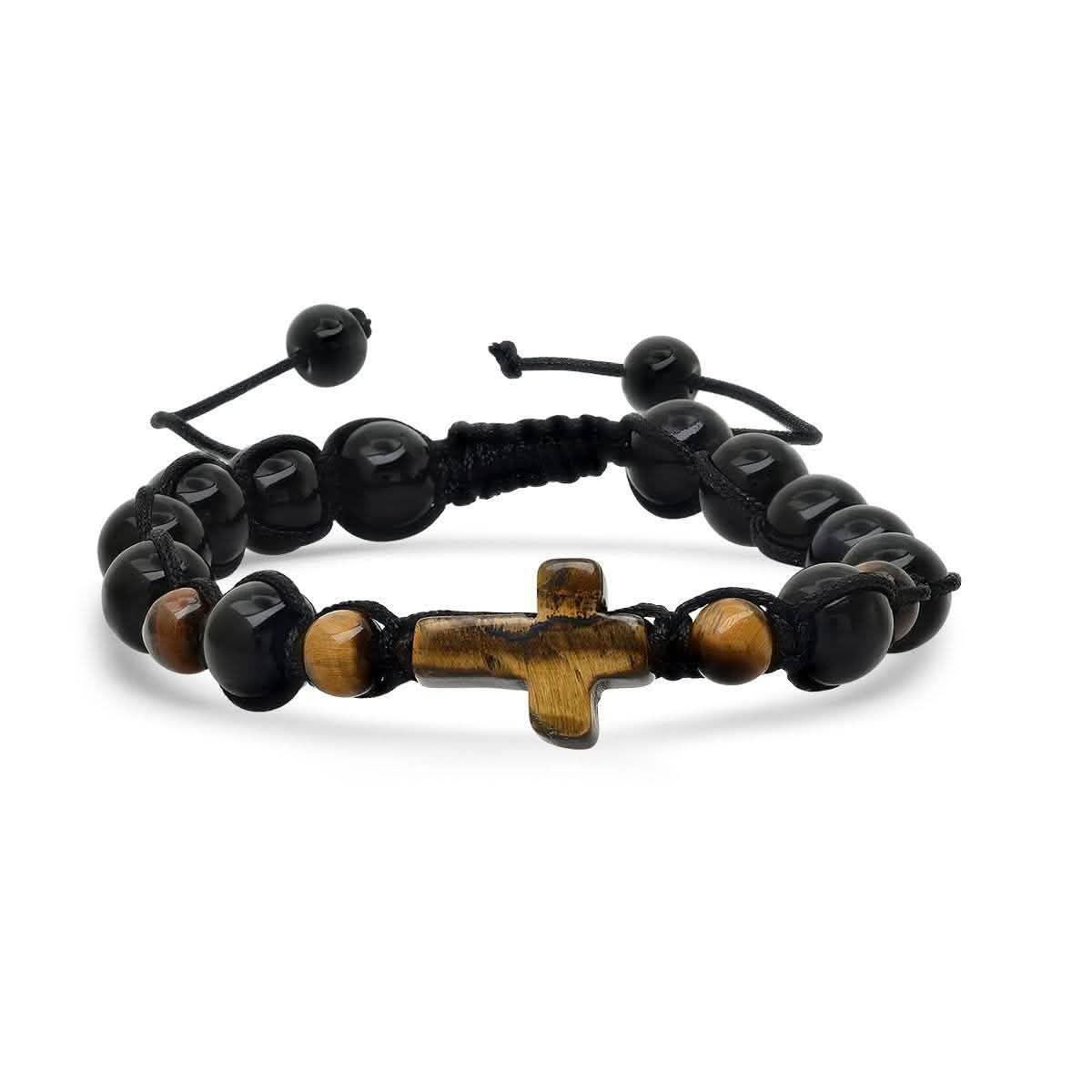 2-Piece Set: Men's Tiger Eye and Black Beads/Tiger Eye Cross Drawstring Bracelets Bracelets - DailySale