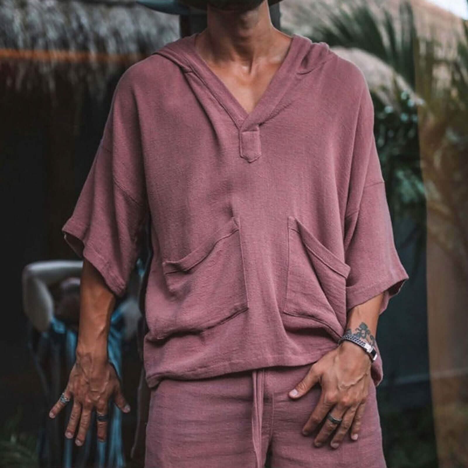 2-Piece Set: Men's Tracksuit Tennis Shirt Shorts and T Shirt Set Set Solid Color V Neck Men's Tops Pink M - DailySale