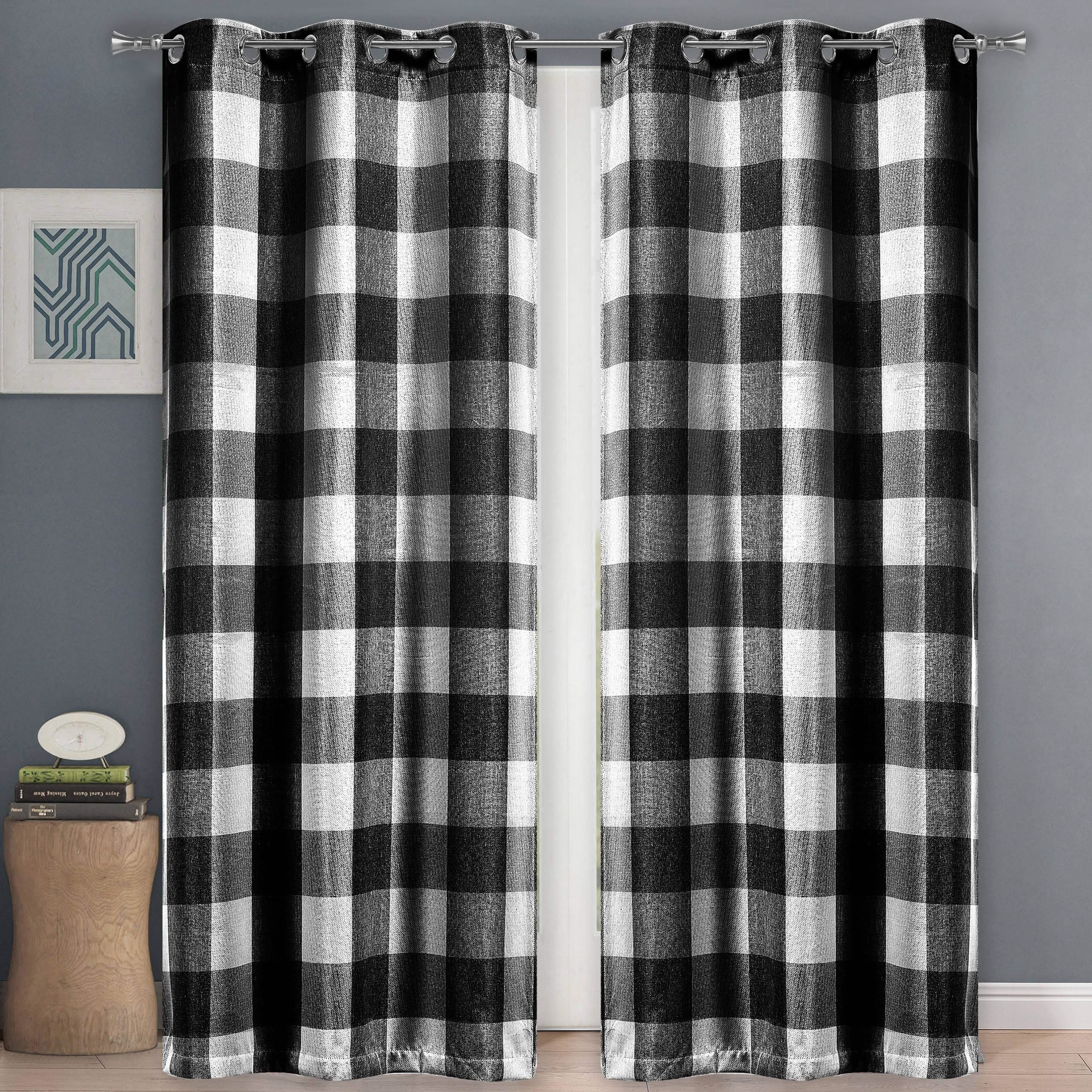 2-Piece Set: Plaid Heavy Blackout Thermal Grommet Window Curtain Pair Pane Indoor Lighting & Decor 38x84" Black - DailySale