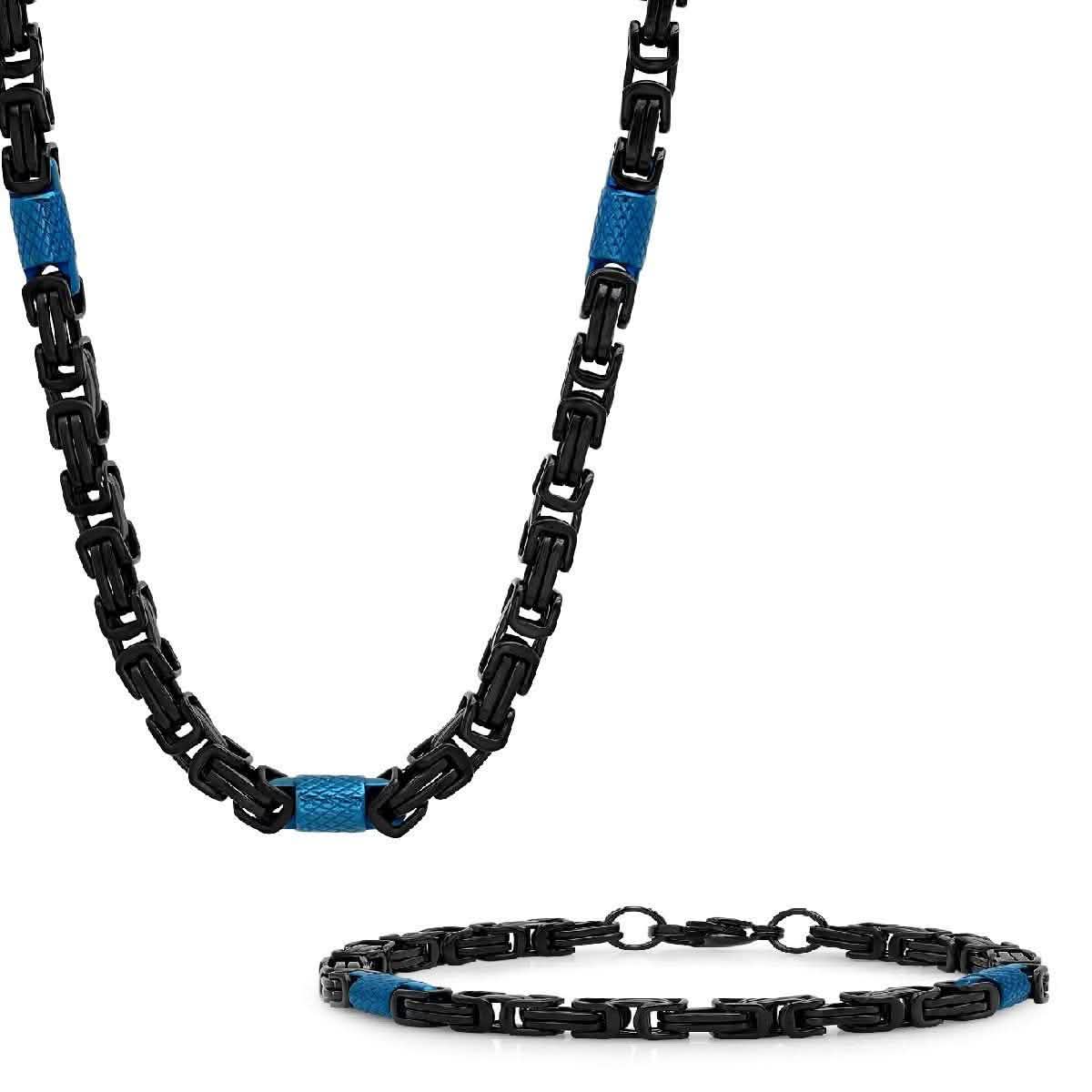 2-Piece Set: Two Tone Black and Blue Byzantine Mens Bracelet and Necklace Necklaces - DailySale