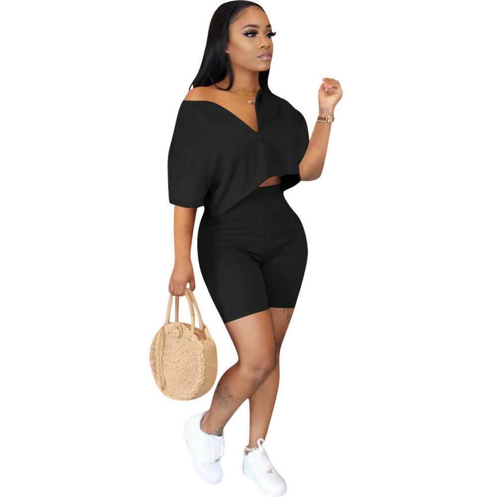Women wearing 2-Piece Set: Women Solid Color Short Sleeves Zipper Casual Jumpsuit Outfits in black