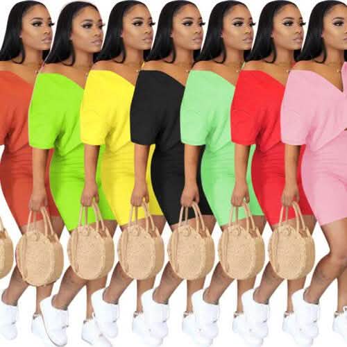 Seven women wearing 2-Piece Set: Women Solid Color Short Sleeves Zipper Casual Jumpsuit Outfits in assorted colors