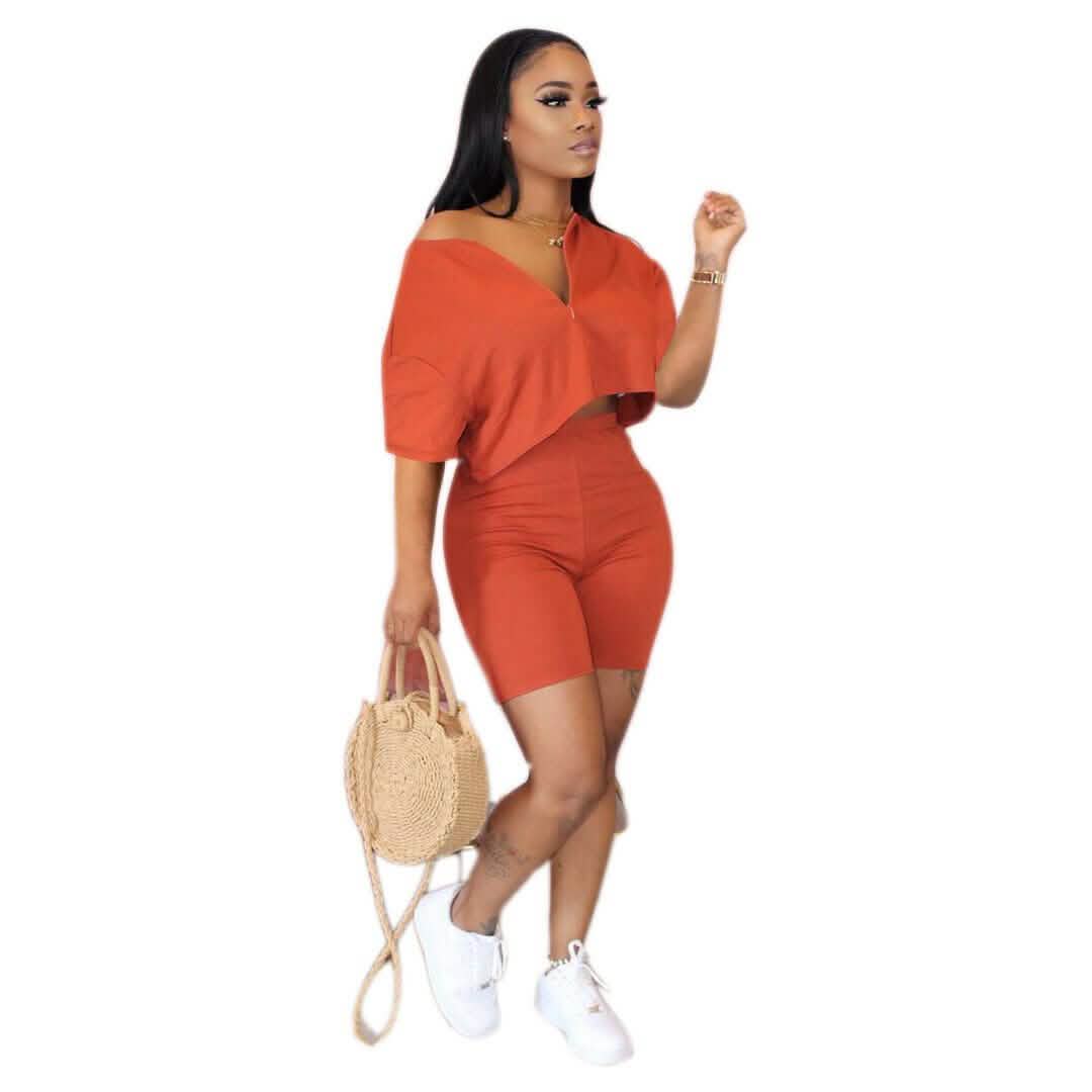 Women wearing 2-Piece Set: Women Solid Color Short Sleeves Zipper Casual Jumpsuit Outfits in orange