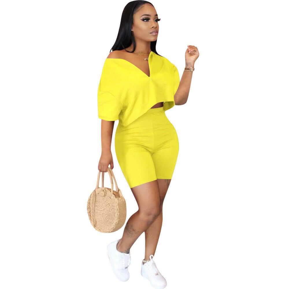 Women wearing 2-Piece Set: Women Solid Color Short Sleeves Zipper Casual Jumpsuit Outfits in yellow