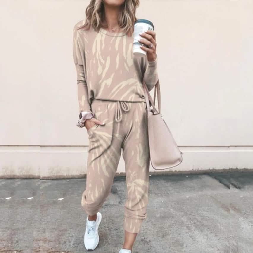2-Piece Set: Women's Basic Tie Dye Sweatshirt Tracksuit Pants Sets Women's Loungewear Khaki S - DailySale